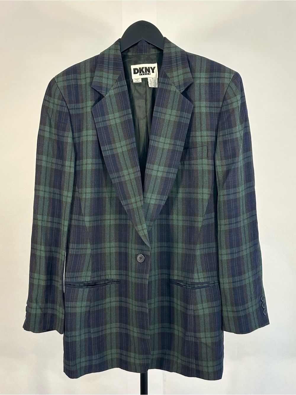 Vintage DKNY Navy and Green Plaid Single-Button Blazer